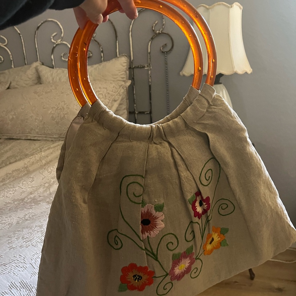 Embroidered Linen Bag with Orange Handles